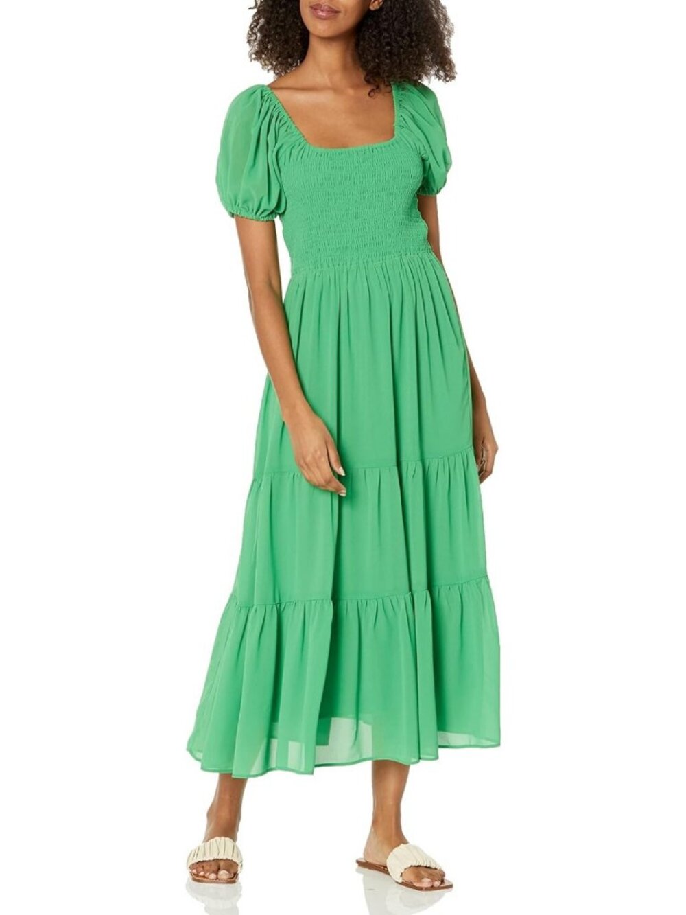 Chic Puff Sleeve Tiered Midi Dress | Shirred Smock Style for Effortless Elegance